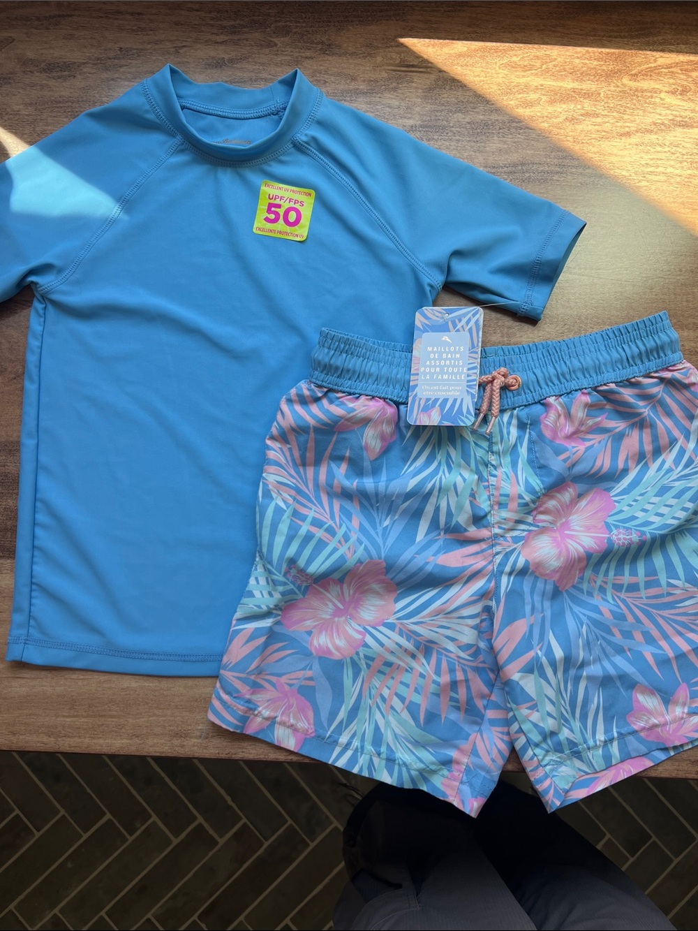 Tommy Bahama Boys Blue Rash Guard with Blue & Pink Tropical Swim Trunks